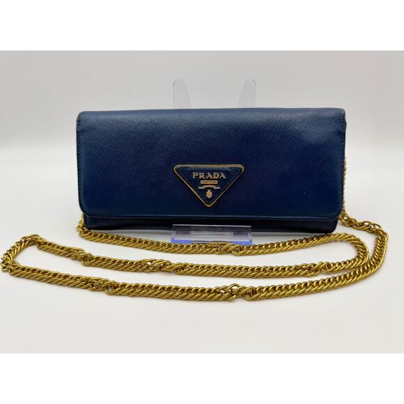 PRADA Blue Saffiano Triangle Continental Chain Long Wallet | Triangle Logo | COA - Picture 1 of 14